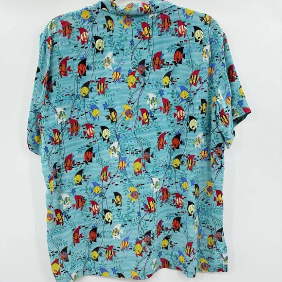 Vintage Chico's 100% Silk Tropical Button Up Shirt Large Blue Fish Hawaiian Fun - Picture 2 of 9
